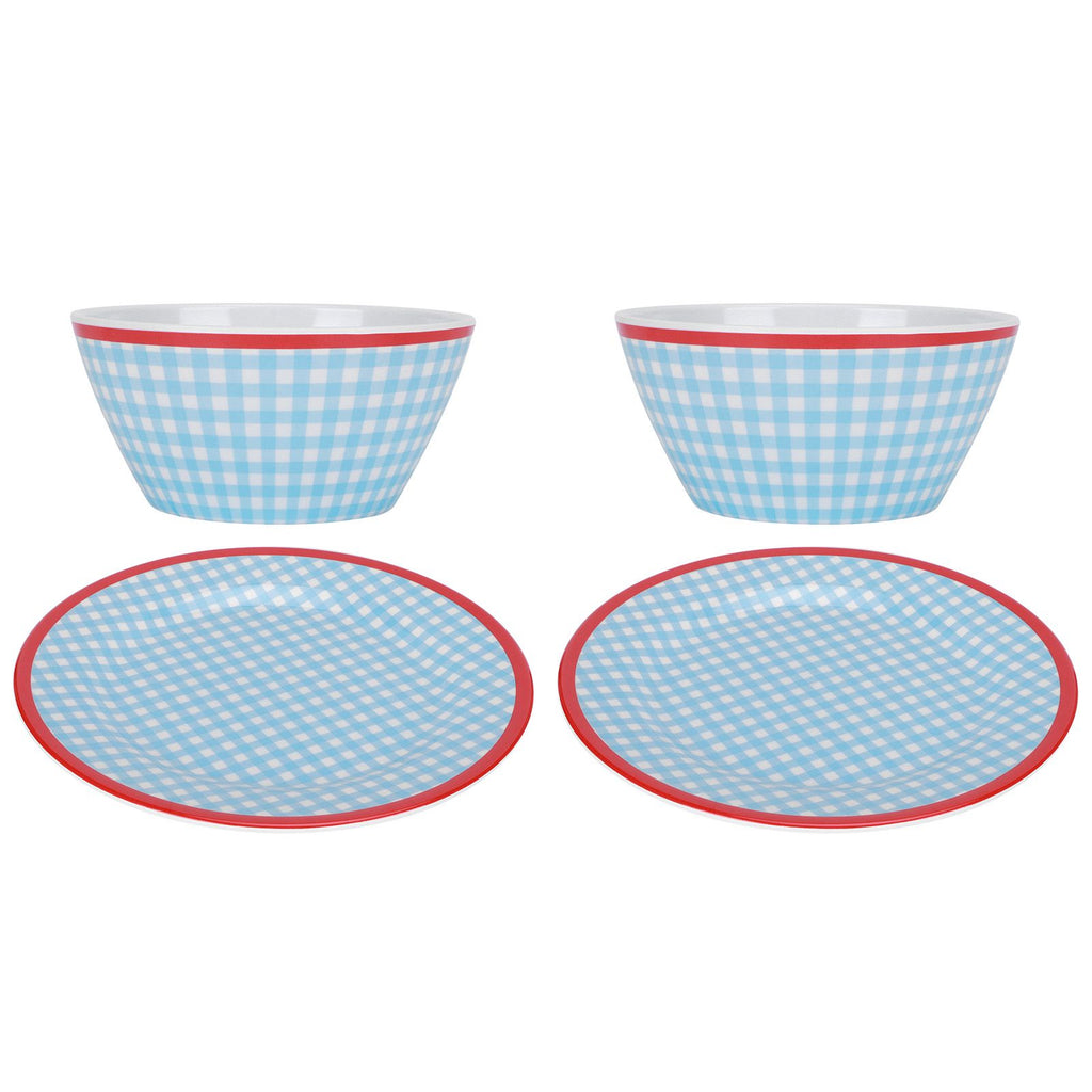 4Pcs/Set Salad Bowl Dish Light Blue Grid Pattern Imitation Porcelain Snack Plate Tableware