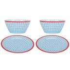 4Pcs/Set Salad Bowl Dish Light Blue Grid Pattern Imitation Porcelain Snack Plate Tableware