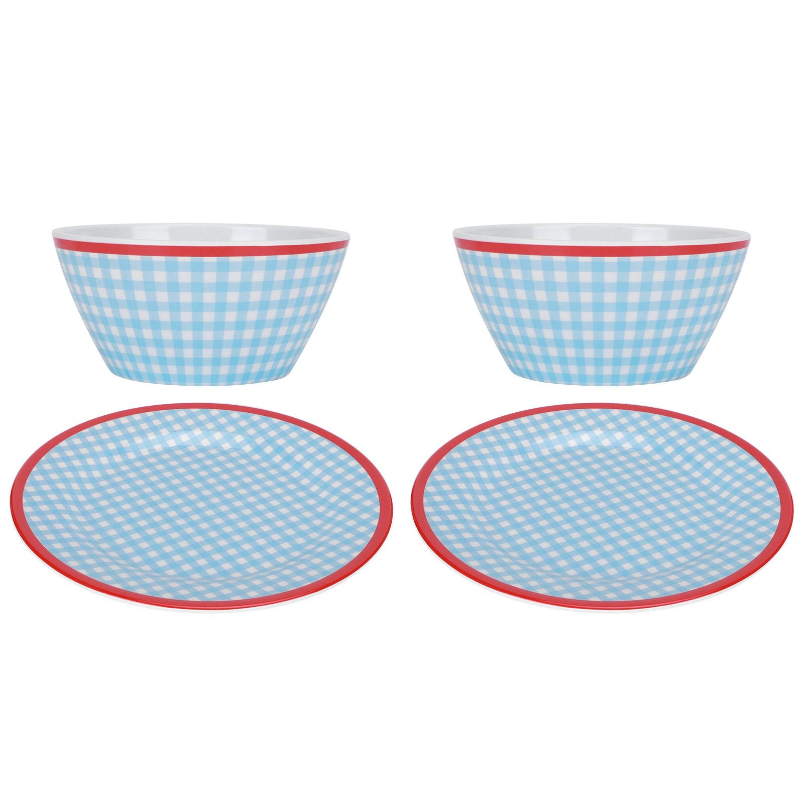 4Pcs/Set Salad Bowl Dish Light Blue Grid Pattern Imitation Porcelain Snack Plate Tableware