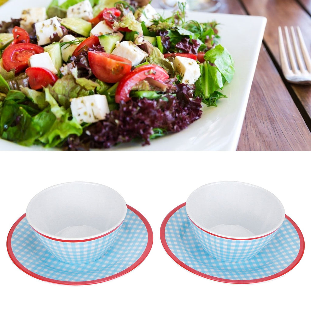 4Pcs/Set Salad Bowl Dish Light Blue Grid Pattern Imitation Porcelain Snack Plate Tableware