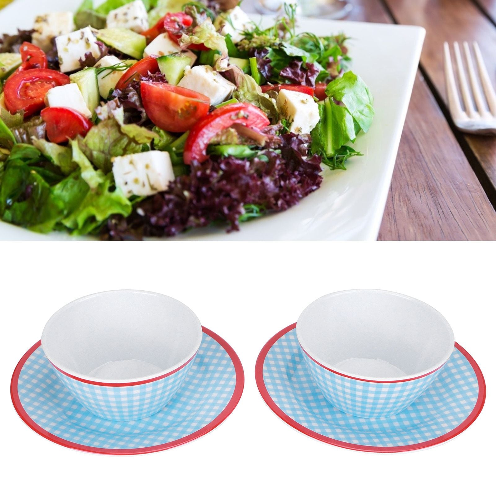 4Pcs/Set Salad Bowl Dish Light Blue Grid Pattern Imitation Porcelain Snack Plate Tableware