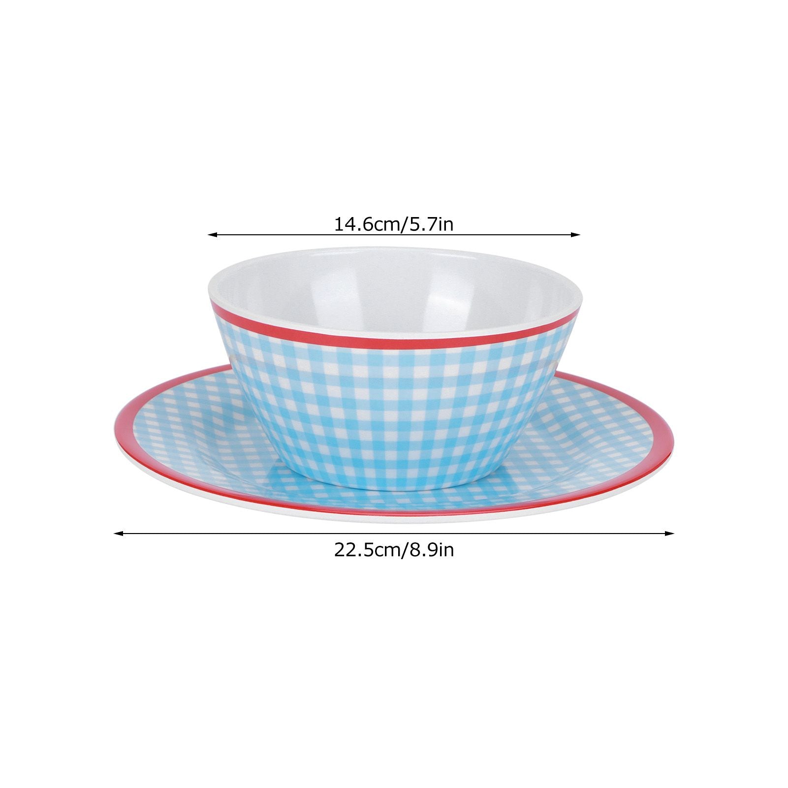 4Pcs/Set Salad Bowl Dish Light Blue Grid Pattern Imitation Porcelain Snack Plate Tableware