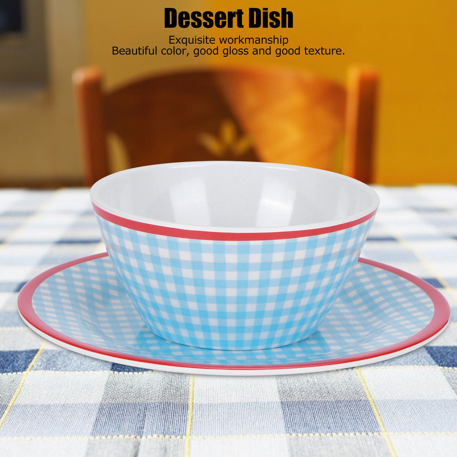 4Pcs/Set Salad Bowl Dish Light Blue Grid Pattern Imitation Porcelain Snack Plate Tableware