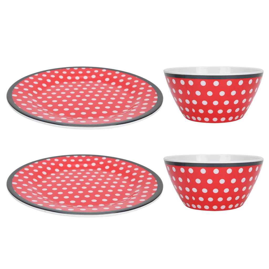 4Pcs Salad Dish Set Red Dots Imitation Porcelain Plate Fruit Food Cake Dish Dinnerware for Kitchen