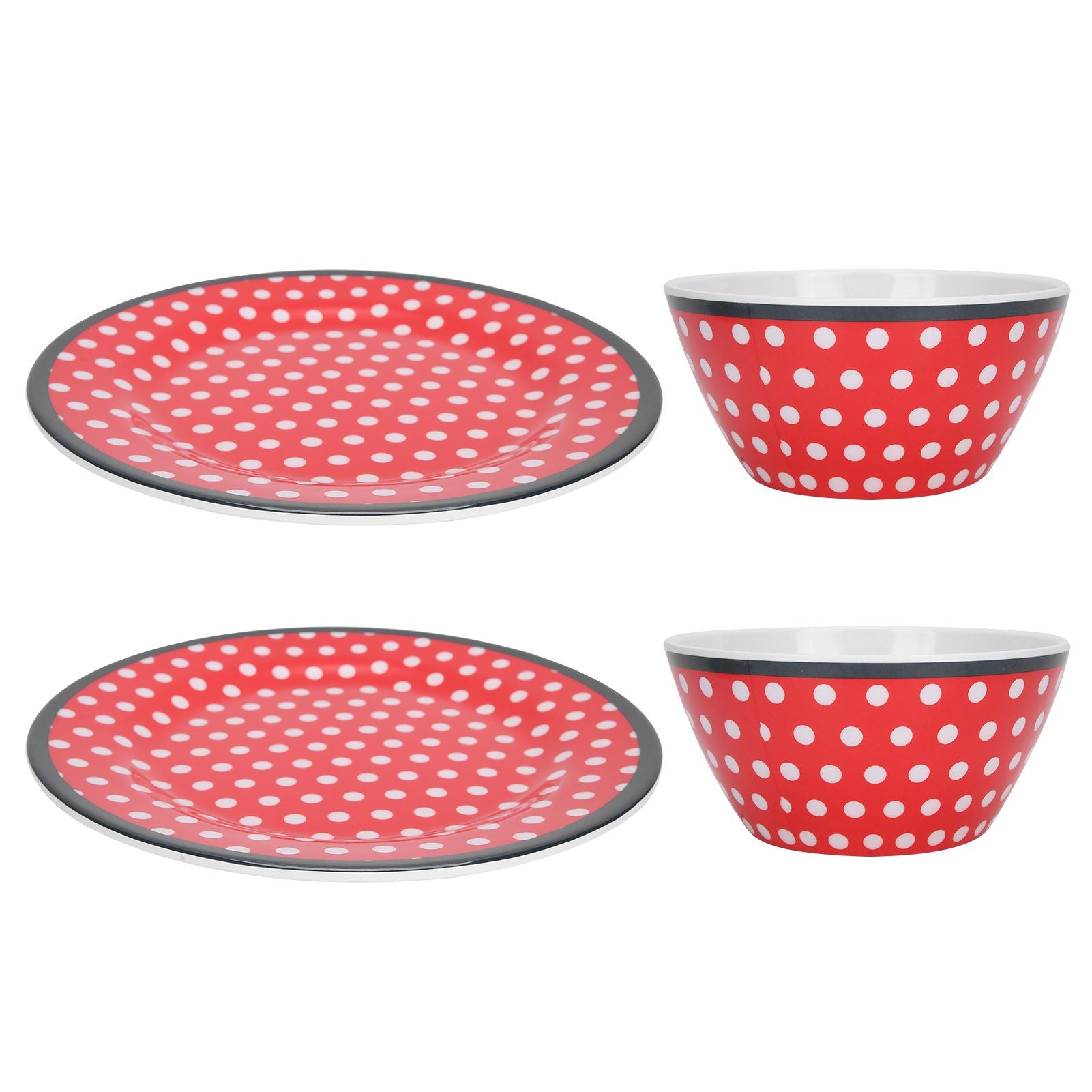4Pcs Salad Dish Set Red Dots Imitation Porcelain Plate Fruit Food Cake Dish Dinnerware for Kitchen
