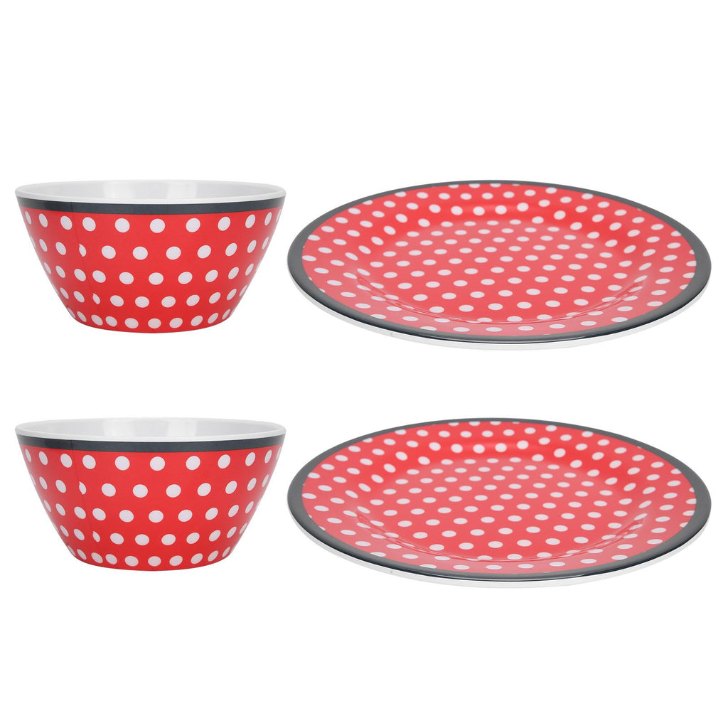 4Pcs Salad Dish Set Red Dots Imitation Porcelain Plate Fruit Food Cake Dish Dinnerware for Kitchen