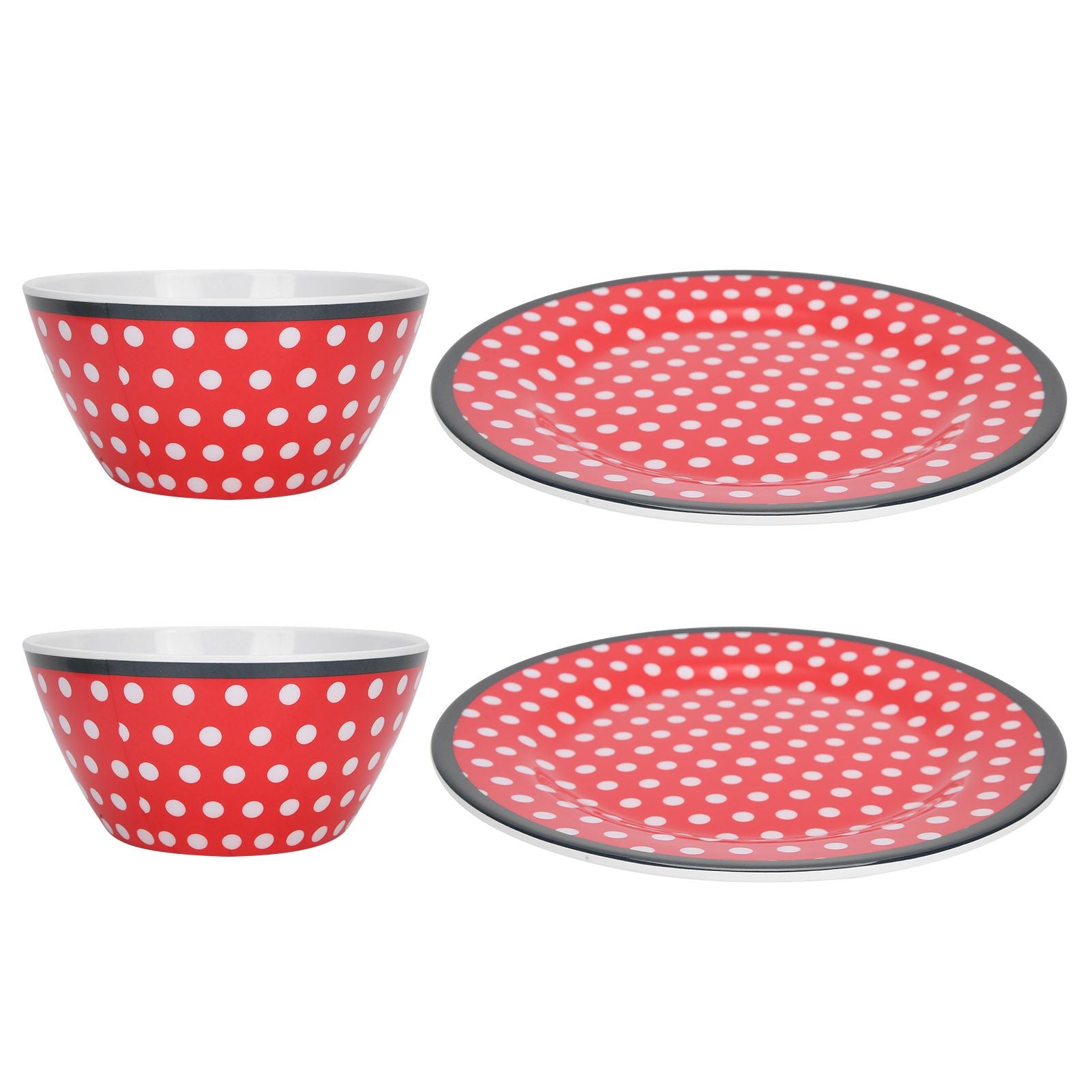 4Pcs Salad Dish Set Red Dots Imitation Porcelain Plate Fruit Food Cake Dish Dinnerware for Kitchen