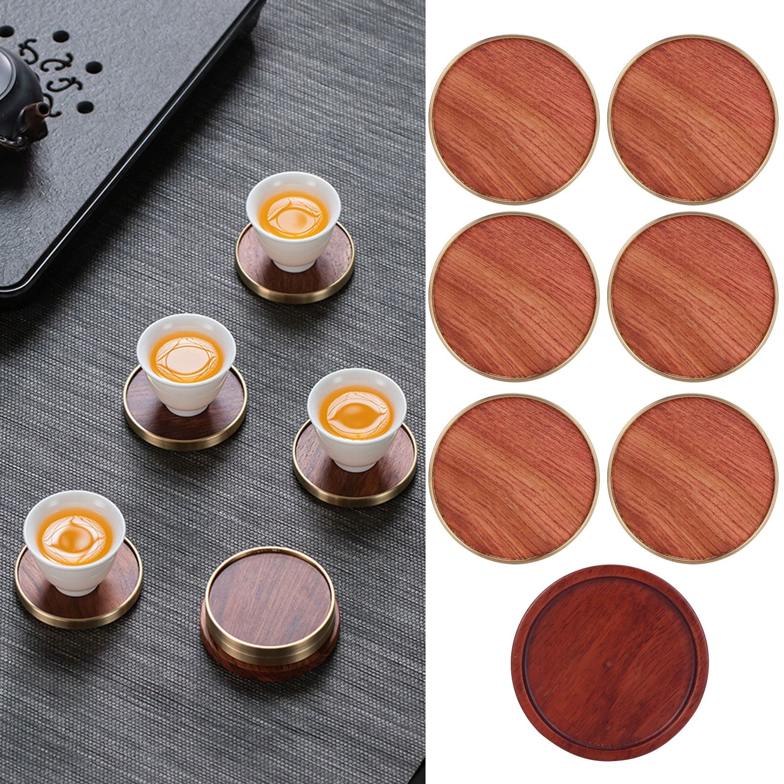 Wooden Tea Cup Mat Insulation Desktop Cup Pad Set with Base Tray Tea Ceremony AccessoriesRosewood