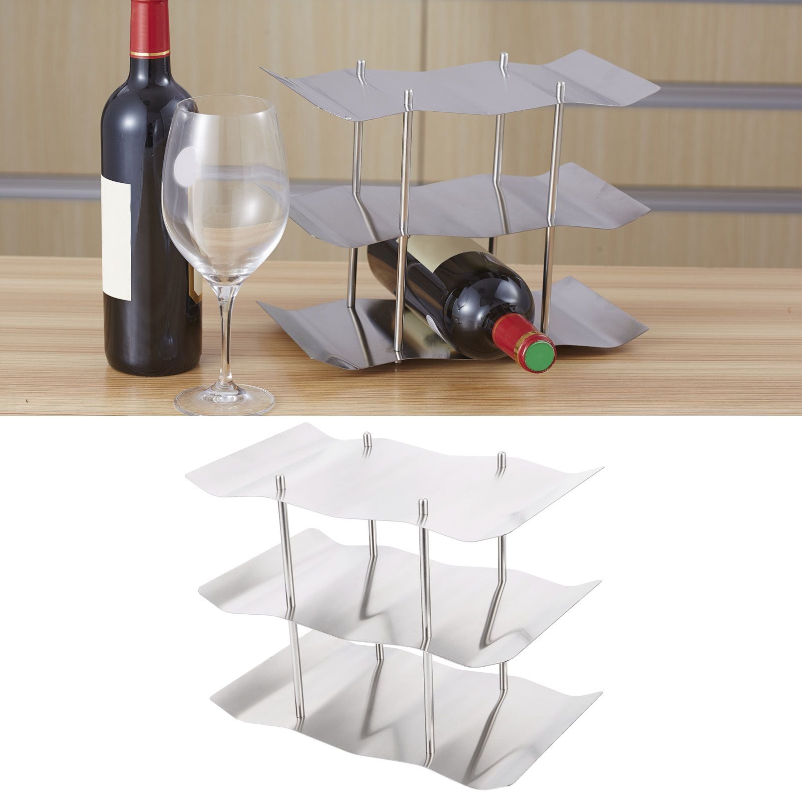 3‑Tier Stainless Steel Wine Rack Freestanding Wavy Wine Holder Display Shelf Kitchen Accessories