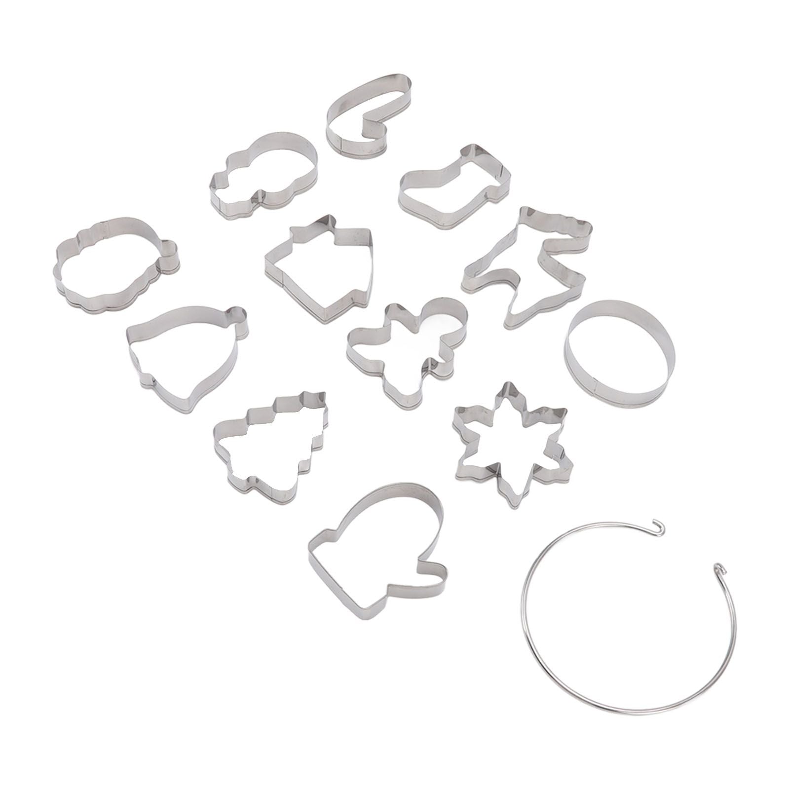 12pcs Christmas Cookie Cutters Christmas Theme Quick Release Stainless Steel Cookie Cutters Silver with Storage Rings for Cake