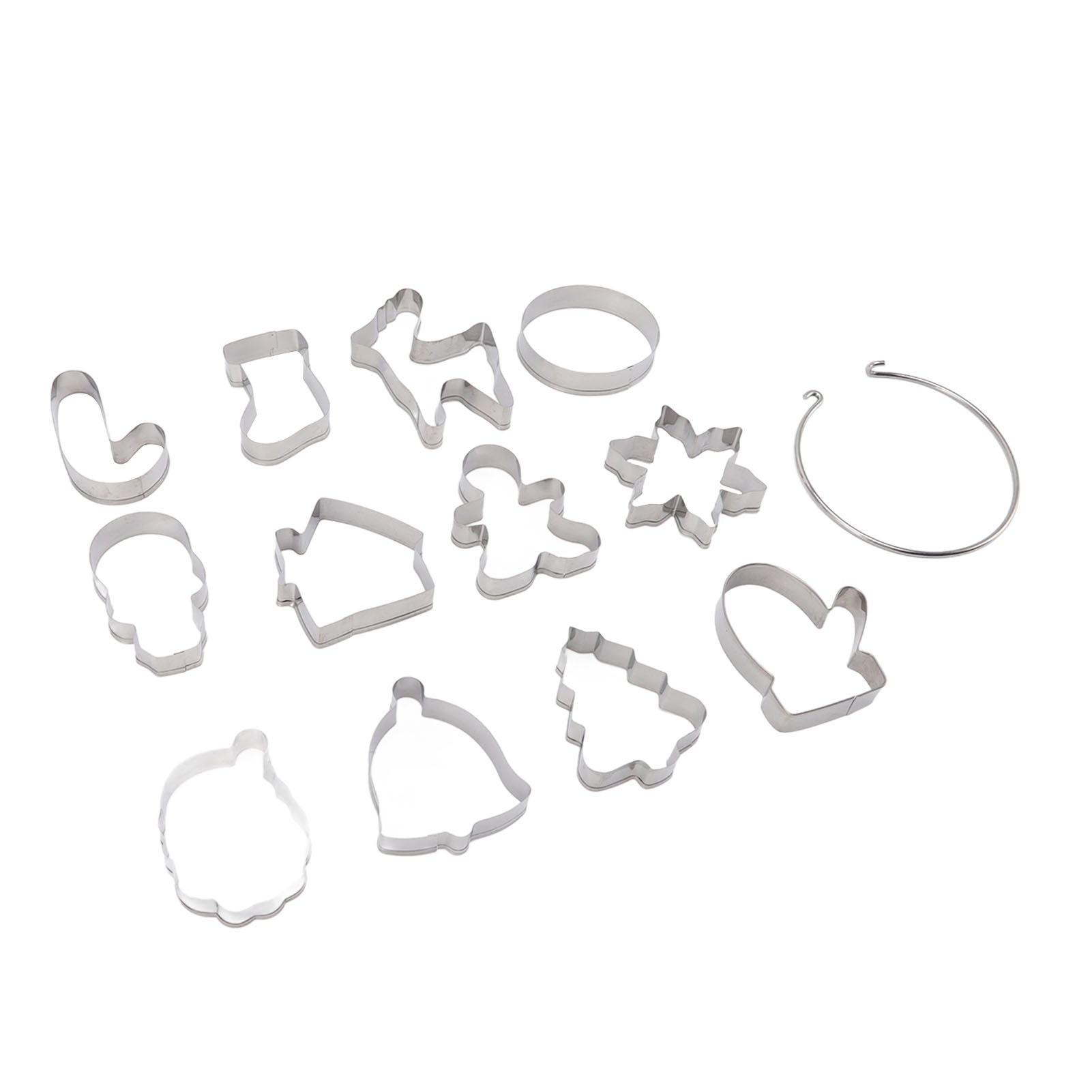 12pcs Christmas Cookie Cutters Christmas Theme Quick Release Stainless Steel Cookie Cutters Silver with Storage Rings for Cake