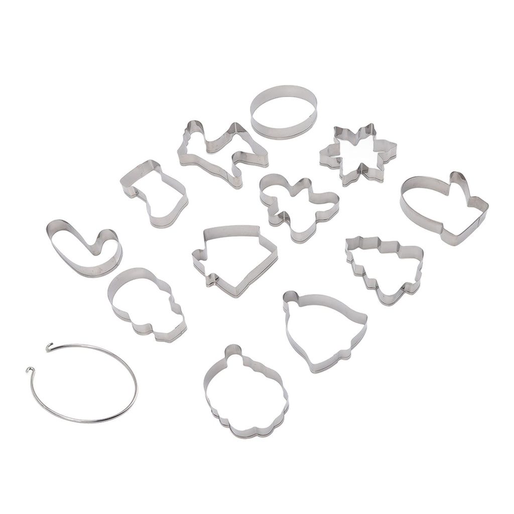 12pcs Christmas Cookie Cutters Christmas Theme Quick Release Stainless Steel Cookie Cutters Silver with Storage Rings for Cake