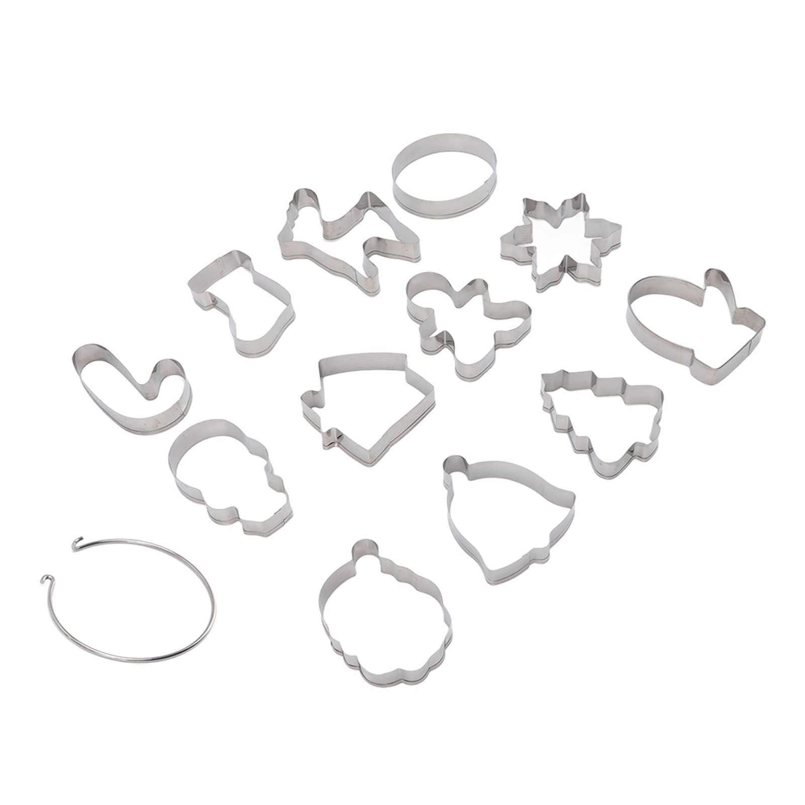 12pcs Christmas Cookie Cutters Christmas Theme Quick Release Stainless Steel Cookie Cutters Silver with Storage Rings for Cake