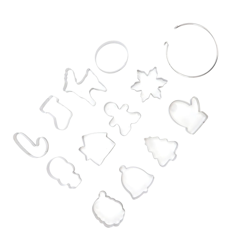 12pcs Christmas Cookie Cutters Christmas Theme Quick Release Stainless Steel Cookie Cutters Silver with Storage Rings for Cake