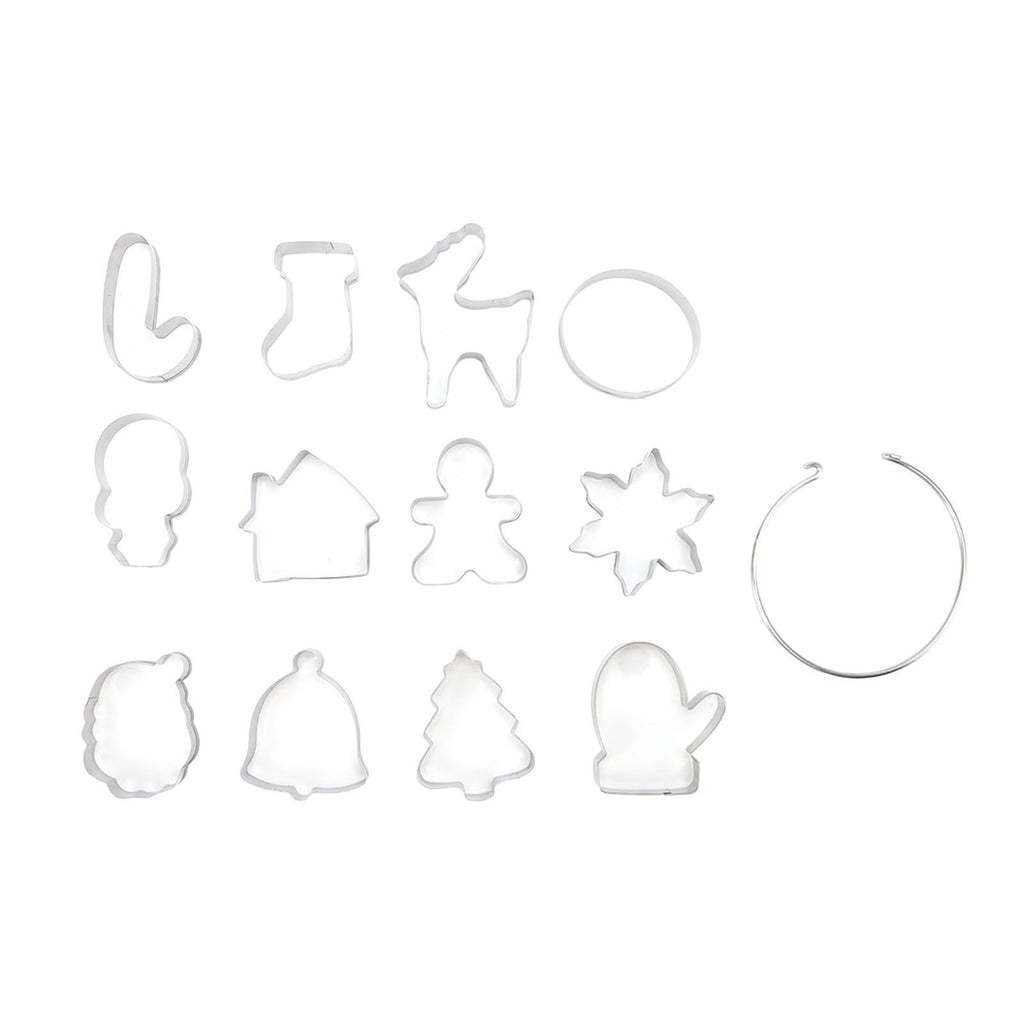 12pcs Christmas Cookie Cutters Christmas Theme Quick Release Stainless Steel Cookie Cutters Silver with Storage Rings for Cake