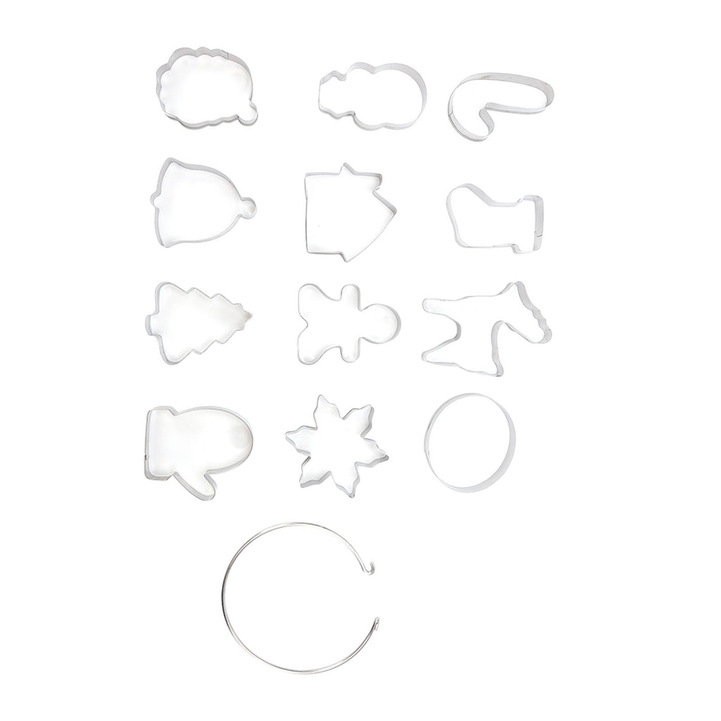 12pcs Christmas Cookie Cutters Christmas Theme Quick Release Stainless Steel Cookie Cutters Silver with Storage Rings for Cake
