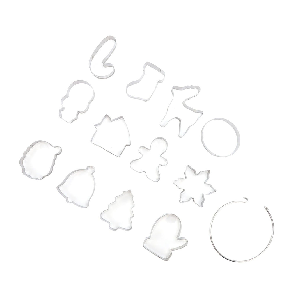 12pcs Christmas Cookie Cutters Christmas Theme Quick Release Stainless Steel Cookie Cutters Silver with Storage Rings for Cake