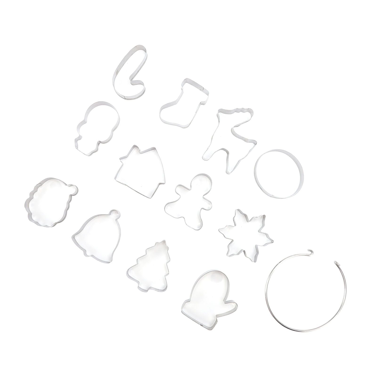 12pcs Christmas Cookie Cutters Christmas Theme Quick Release Stainless Steel Cookie Cutters Silver with Storage Rings for Cake