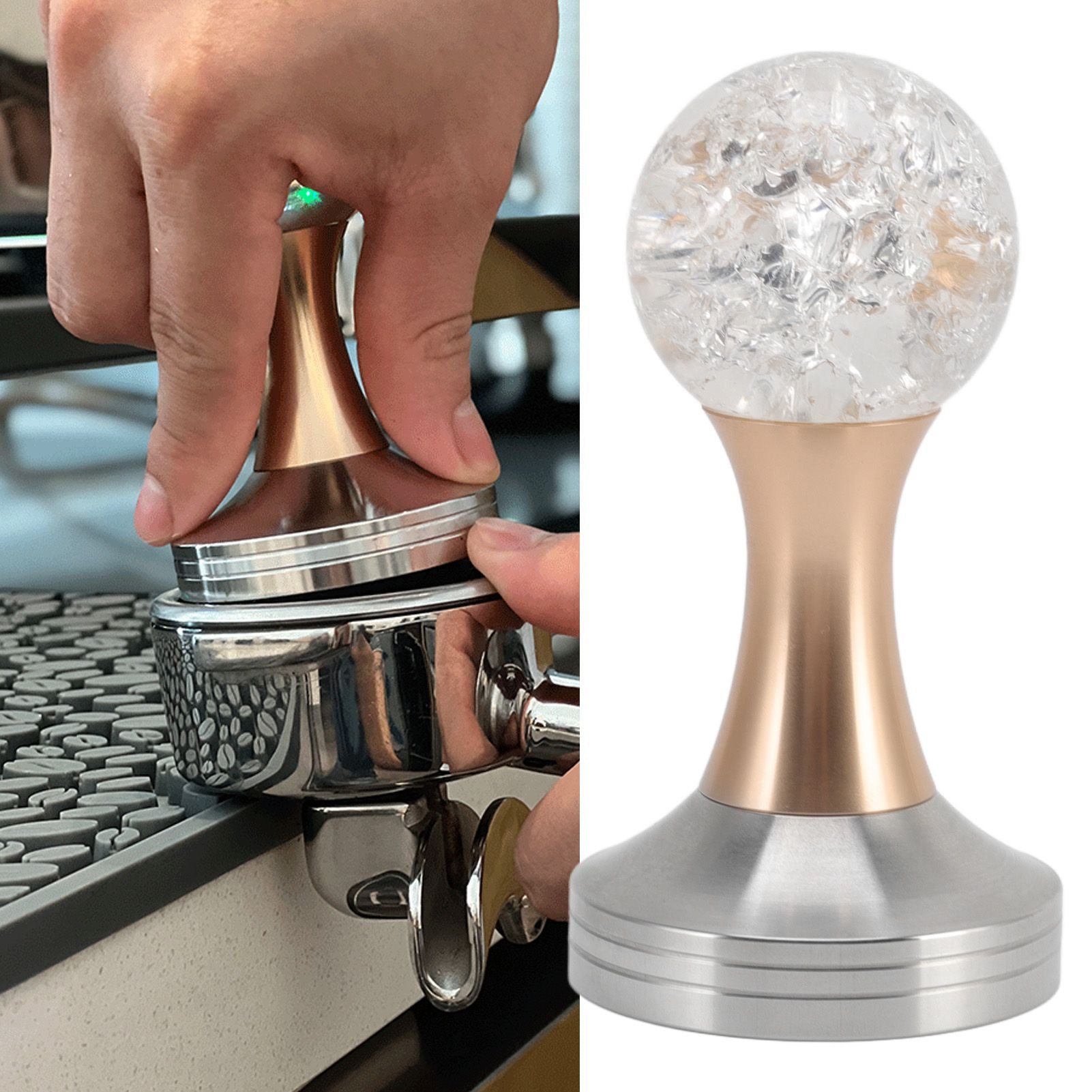 Crystal Ball Coffee Flat Tamper Stainless Steel Base Powder Hammer for Coffee Accessories Gold 51mm