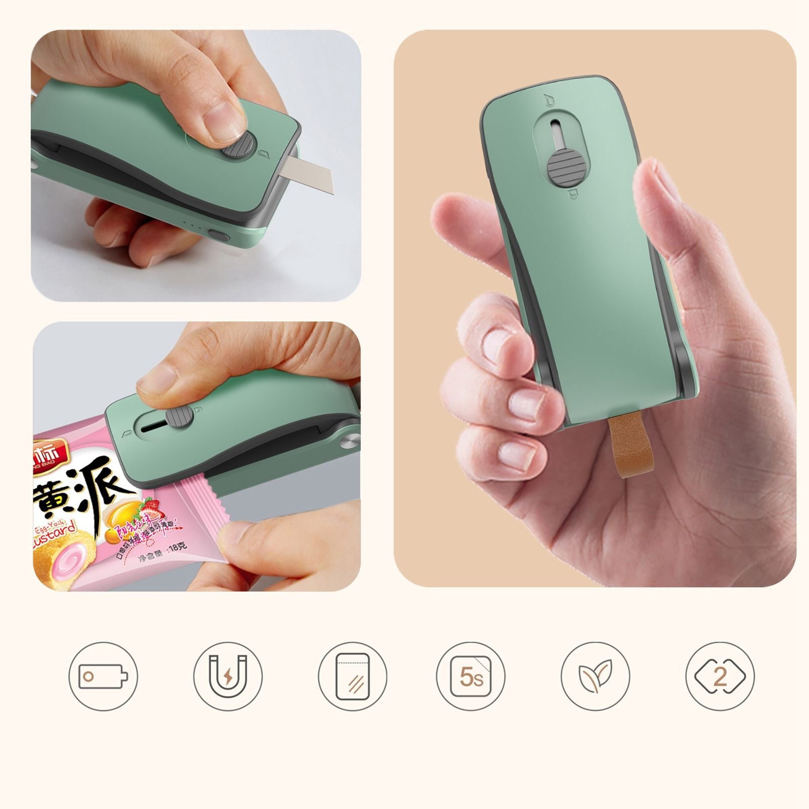 Mini Bag Sealer 2 in 1 Heat Sealer and Cutter Bottom Magnetic Handheld Plastic Bag Resealer Machine for Home Black Red Polymer Battery Powered