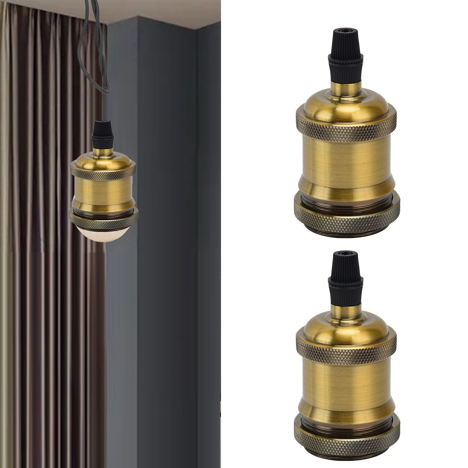2PCS Vintage Lamp Socket Retro Aluminum Lamp Holder DIY Accessories for E26/27 Vintage BulbsYellow Bronze