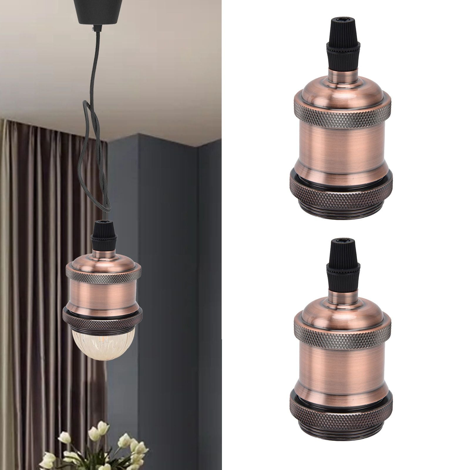 2PCS Vintage Lamp Socket Retro Aluminum Lamp Holder DIY Accessories for E26/27 Vintage BulbsRed Bronze