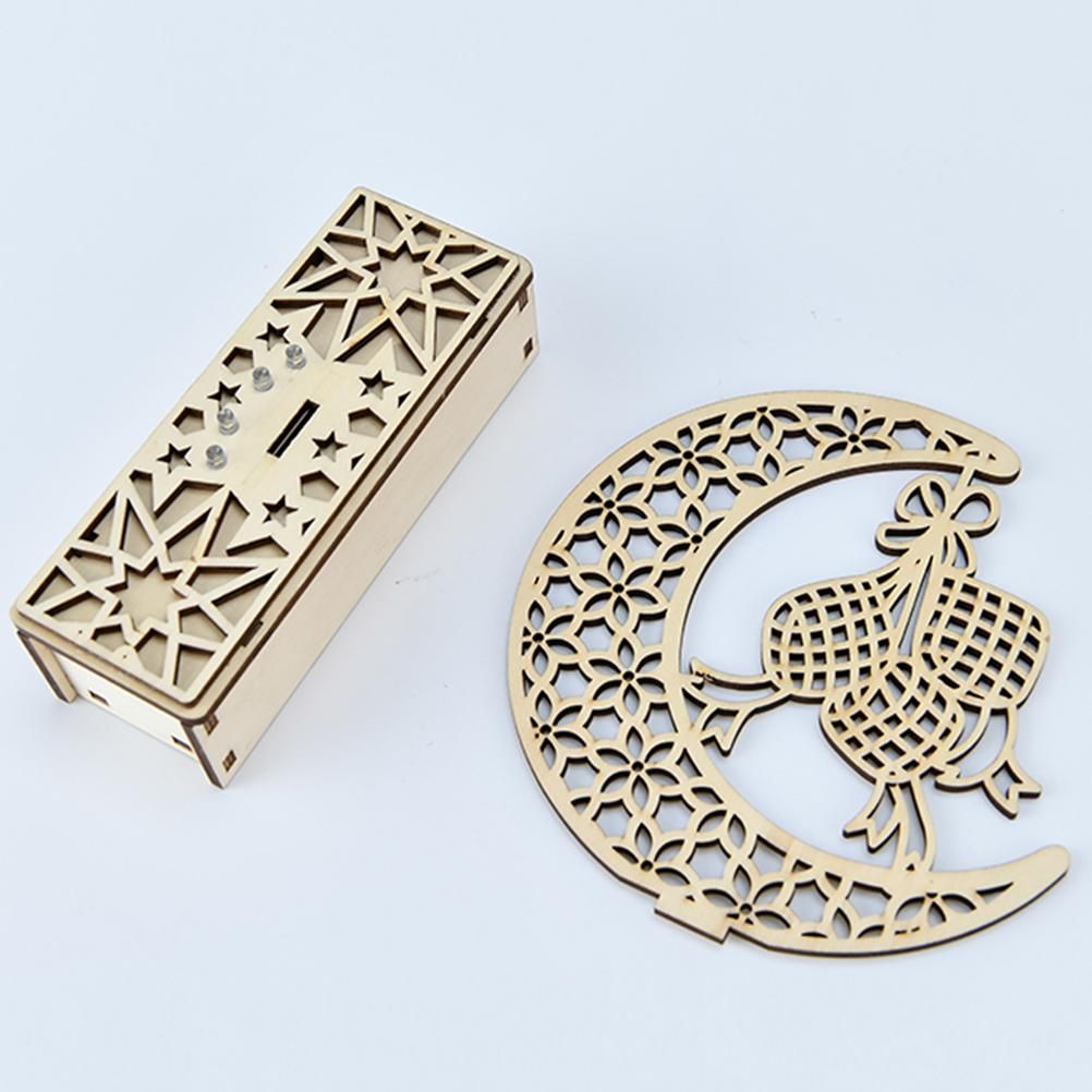 LED Eid Ramadan Hollow Decorations Openwork Carving Wooden Light Durable Table Light Crafts