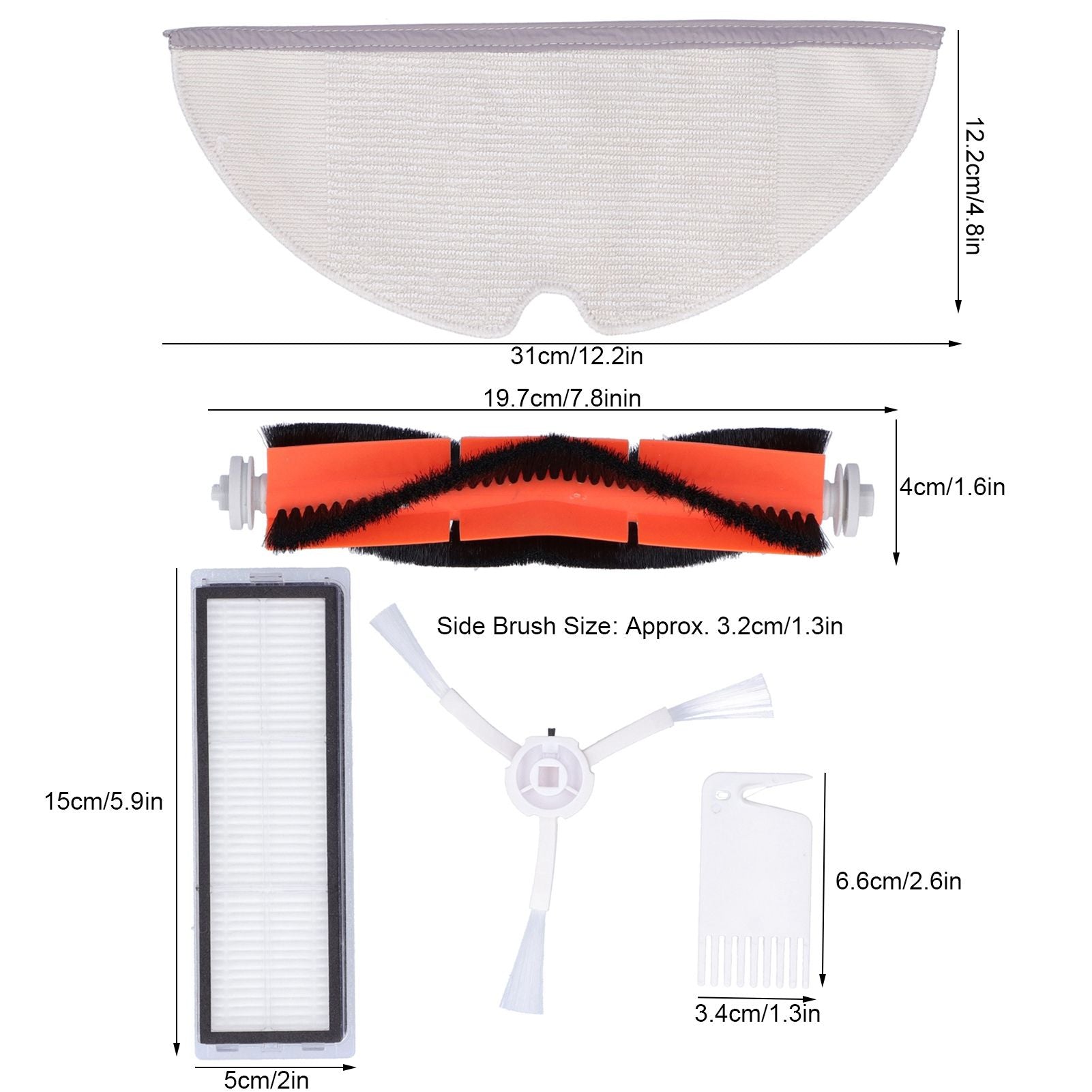 Main Brush Side Brush Filter Screen Cleaning Brush Mop Replacement Kit Fit for Xiaomi 1C Sweeper