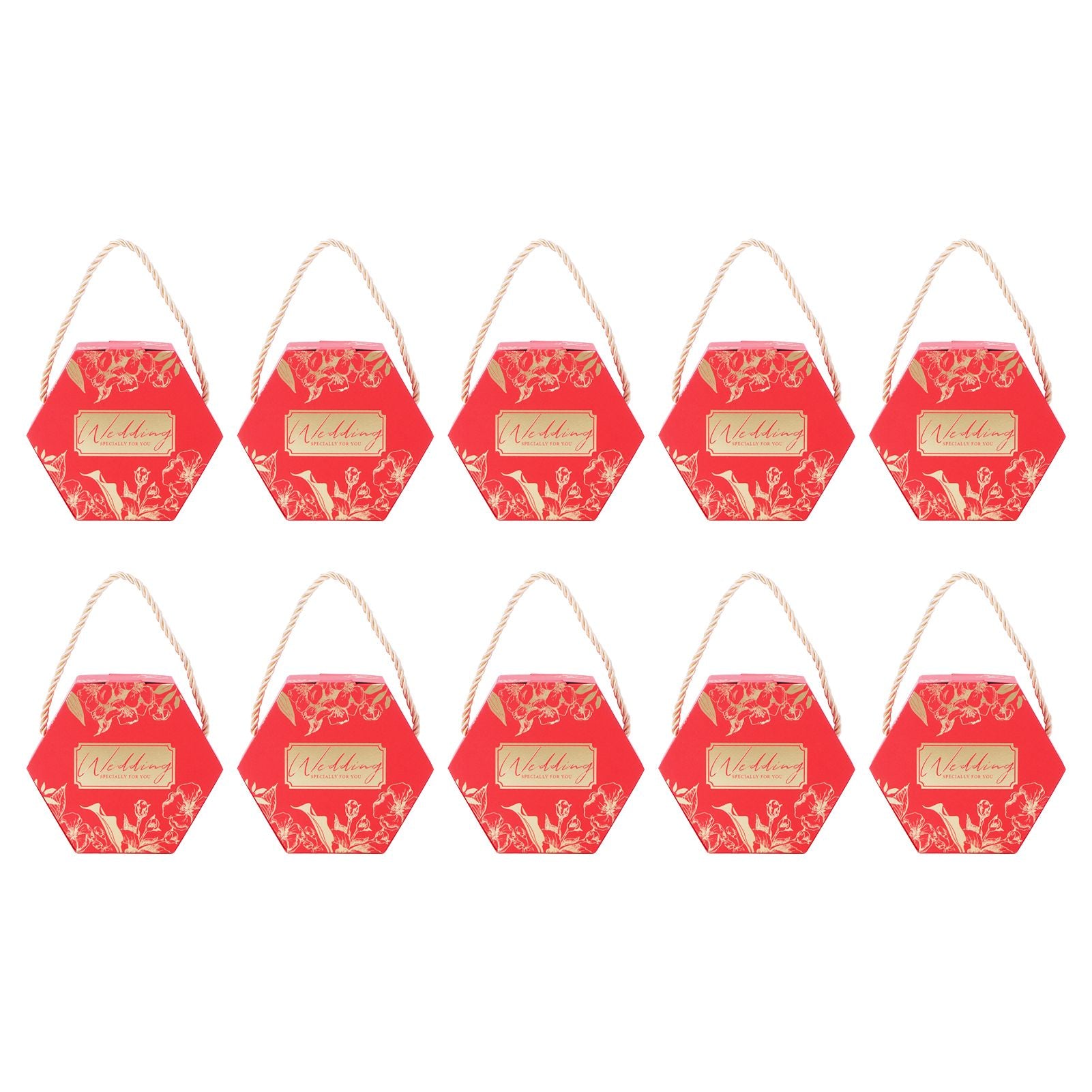 10 Set Candy Boxes Bags Hexagonal Chocolate Gift Boxes with Ropes for Wedding SuppliesRed