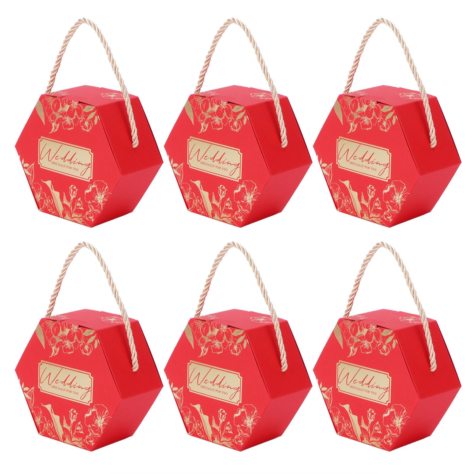 10 Set Candy Boxes Bags Hexagonal Chocolate Gift Boxes with Ropes for Wedding SuppliesRed