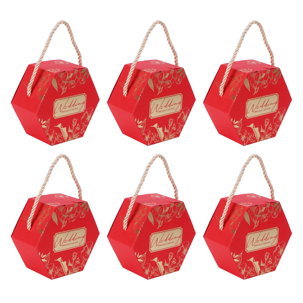 10 Set Candy Boxes Bags Hexagonal Chocolate Gift Boxes with Ropes for Wedding SuppliesRed