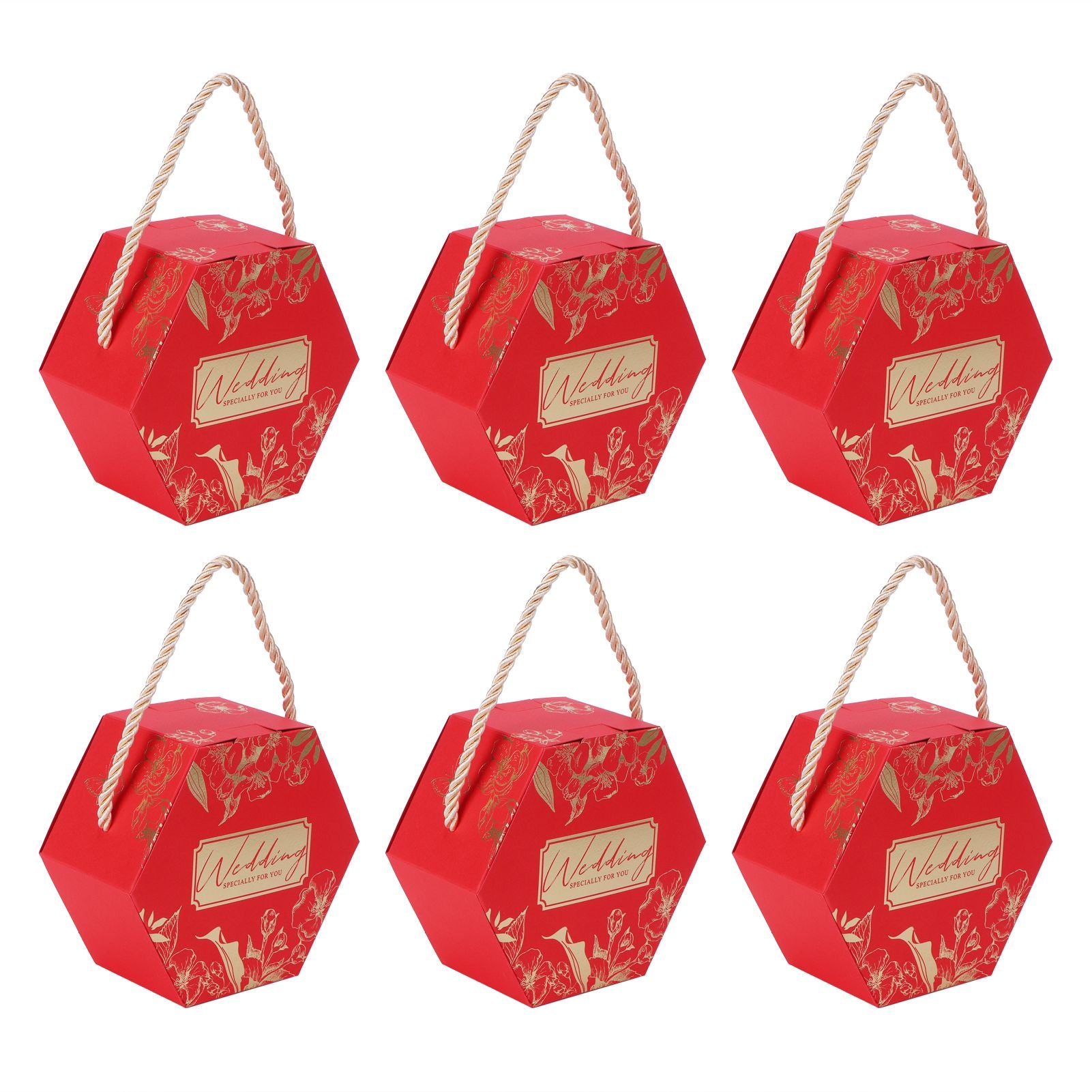 10 Set Candy Boxes Bags Hexagonal Chocolate Gift Boxes with Ropes for Wedding SuppliesRed