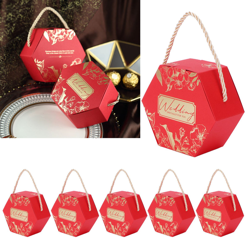 10 Set Candy Boxes Bags Hexagonal Chocolate Gift Boxes with Ropes for Wedding SuppliesRed