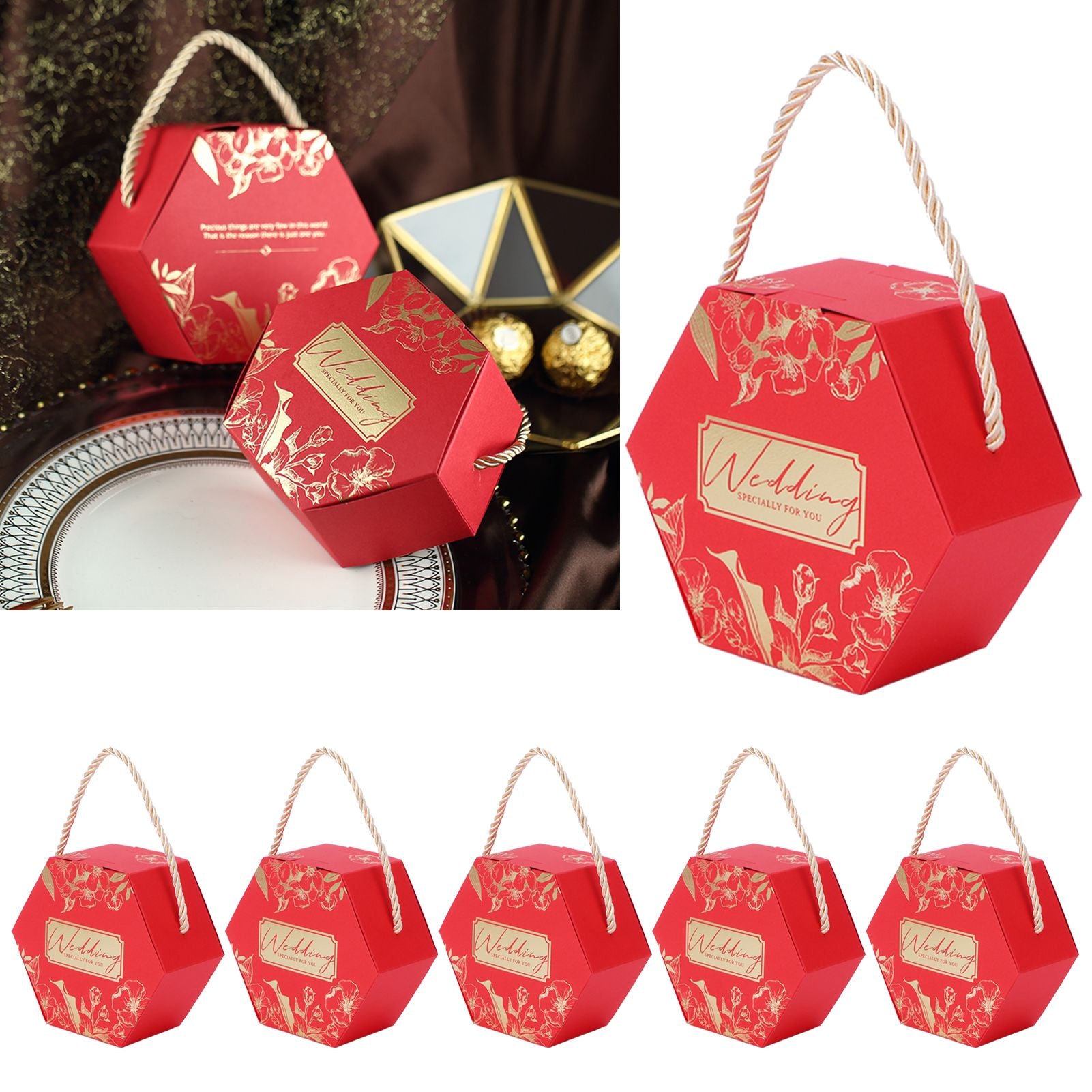 10 Set Candy Boxes Bags Hexagonal Chocolate Gift Boxes with Ropes for Wedding SuppliesRed