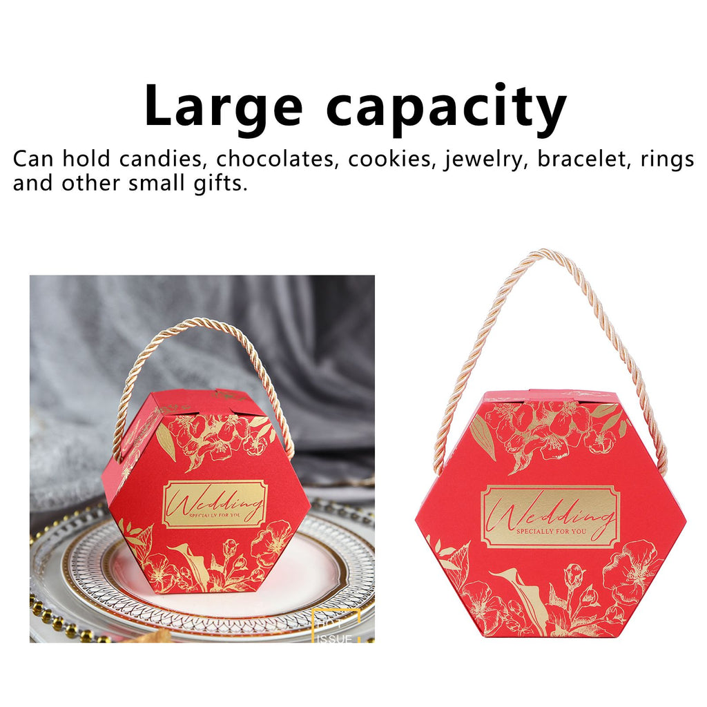 10 Set Candy Boxes Bags Hexagonal Chocolate Gift Boxes with Ropes for Wedding SuppliesRed