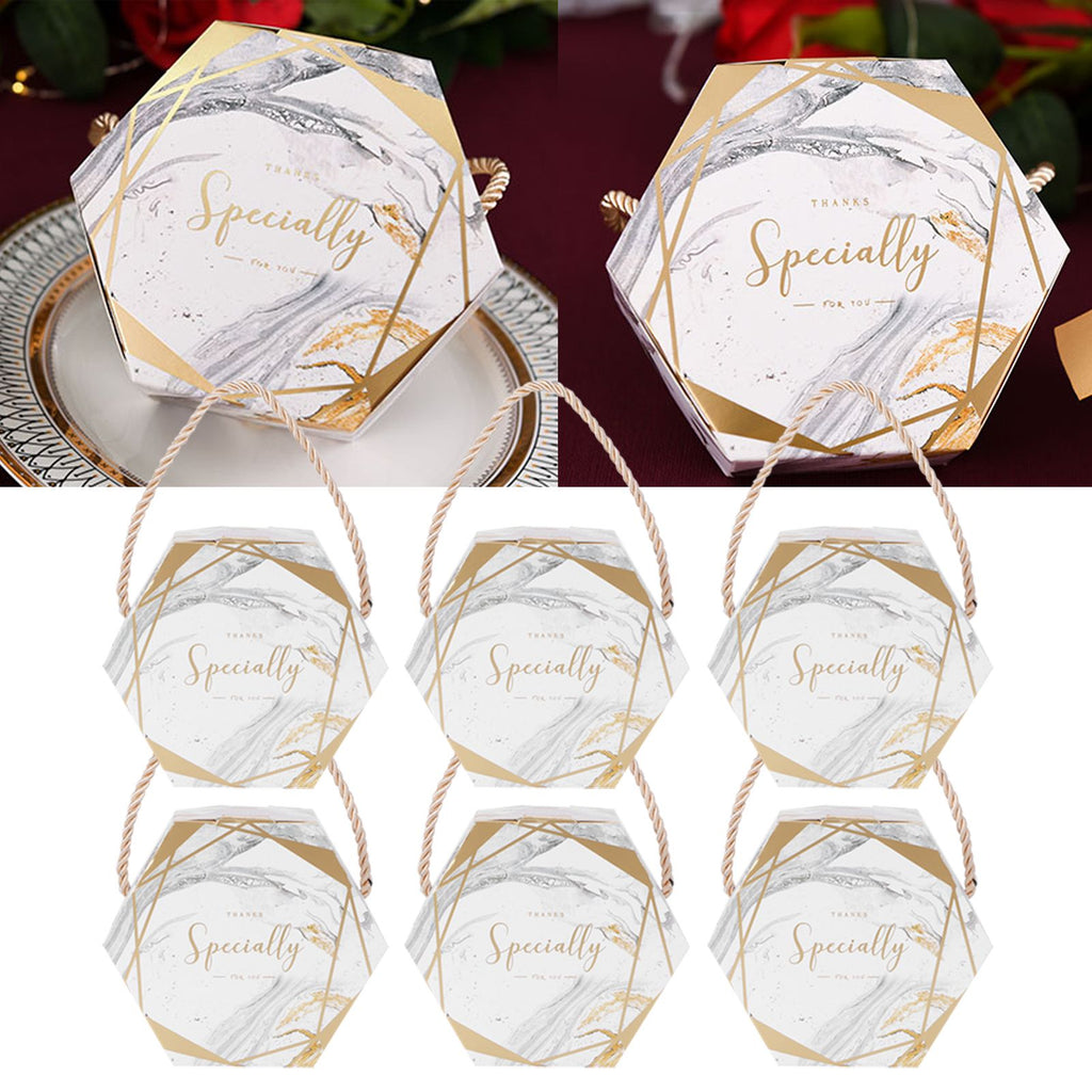 10 Set Candy Boxes Bags Hexagonal Chocolate Gift Boxes with Ropes for Wedding SuppliesMarble