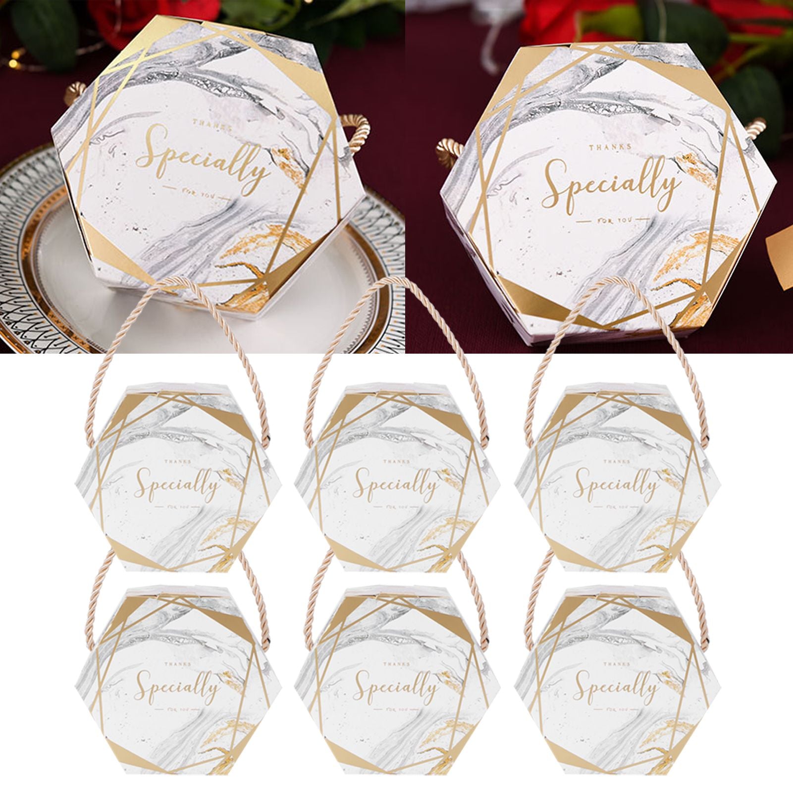 10 Set Candy Boxes Bags Hexagonal Chocolate Gift Boxes with Ropes for Wedding SuppliesMarble