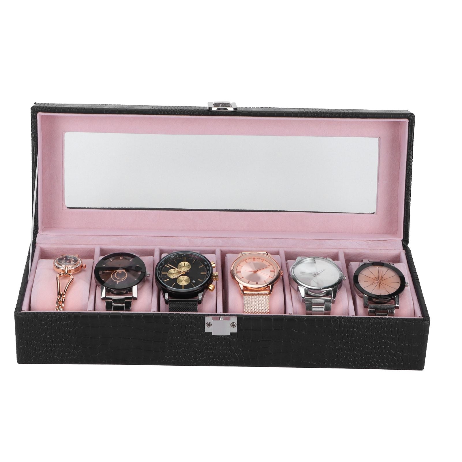 6-Slot Watch Box PU Leather Rectangular Wristwatch Display Case Organizer Gift Black