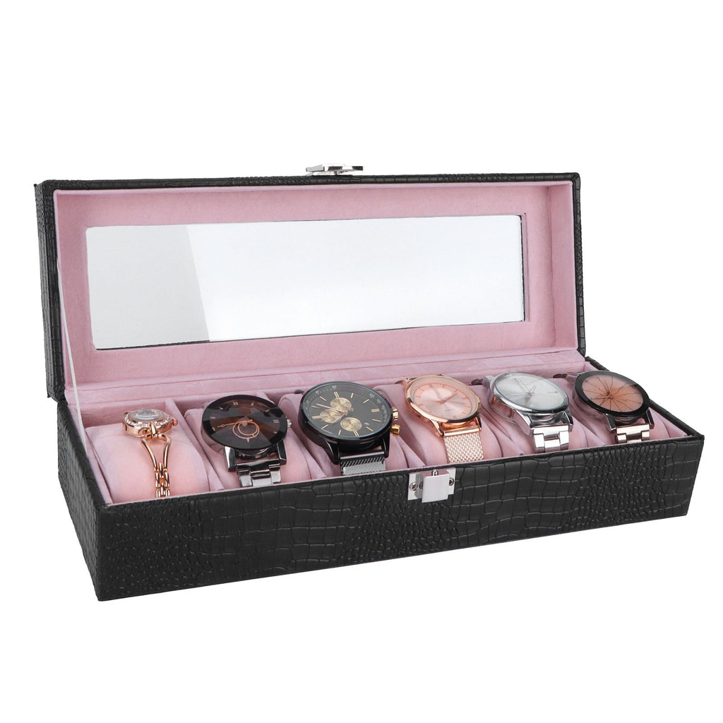 6-Slot Watch Box PU Leather Rectangular Wristwatch Display Case Organizer Gift Black