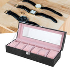 6-Slot Watch Box PU Leather Rectangular Wristwatch Display Case Organizer Gift Black