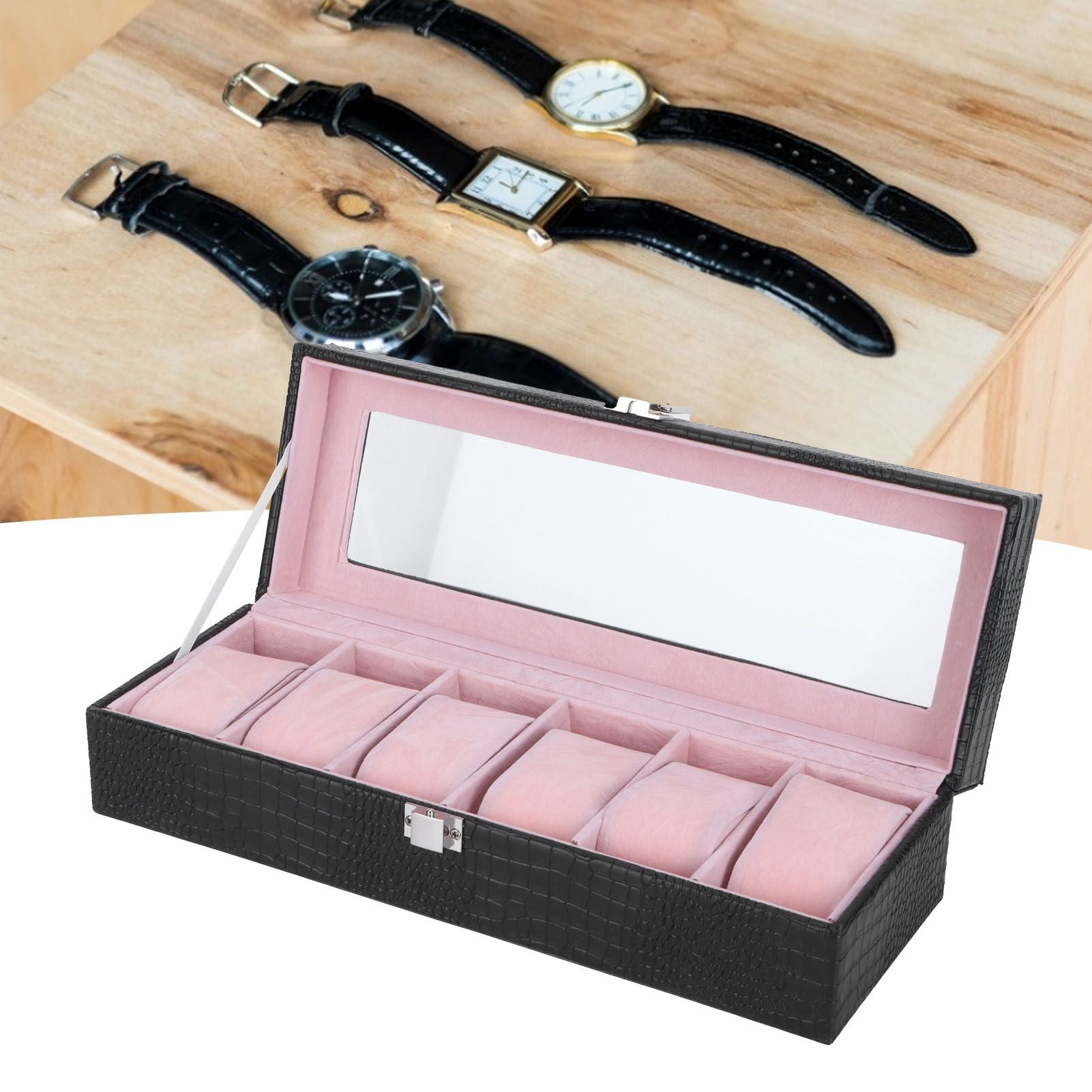 6-Slot Watch Box PU Leather Rectangular Wristwatch Display Case Organizer Gift Black