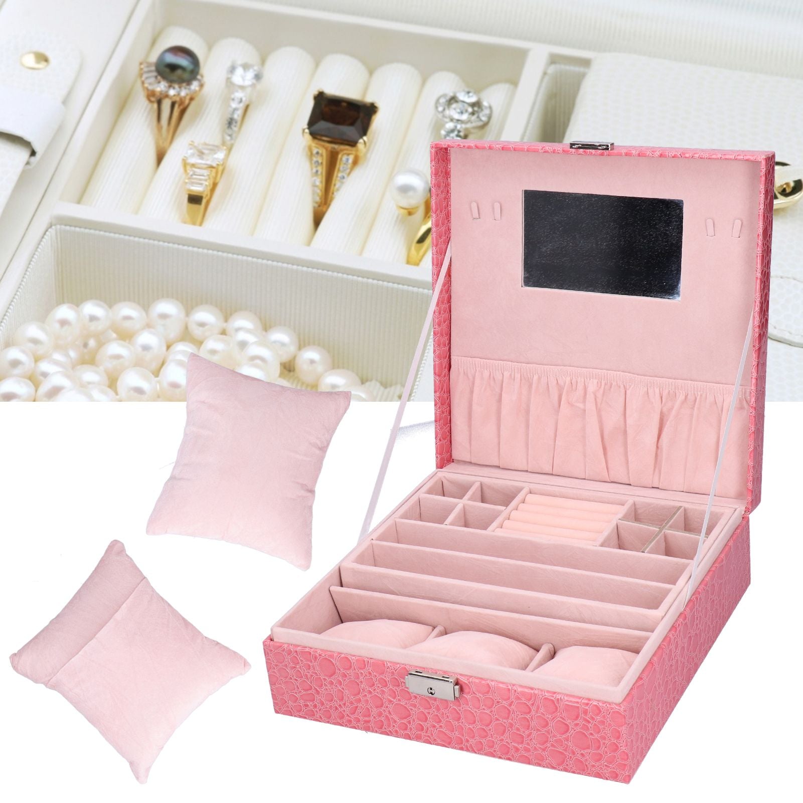 Pink Artificial Leather Jewelry Box Watch Jewelry Packaging Container Holder for Girls