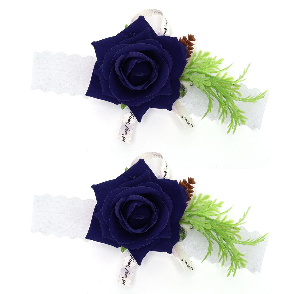 2Pcs Bridesmaid Silk Wrist Flower Bridal Corsage Wedding Ceremony Decoration SupplySapphire Blue