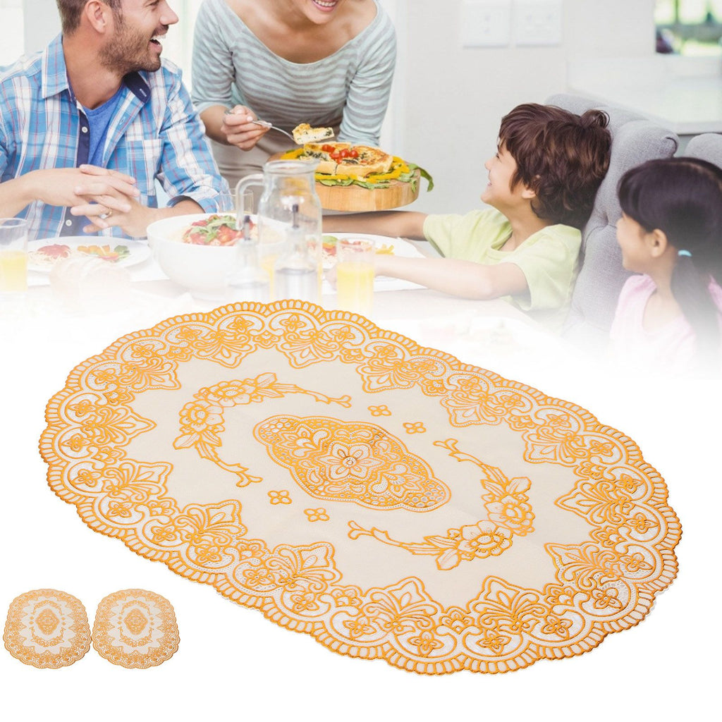 2Pcs PVC Table Mat Gold Placemats Cup Coaster Pad Kitchen Restaurant Wedding DecorationOval 01