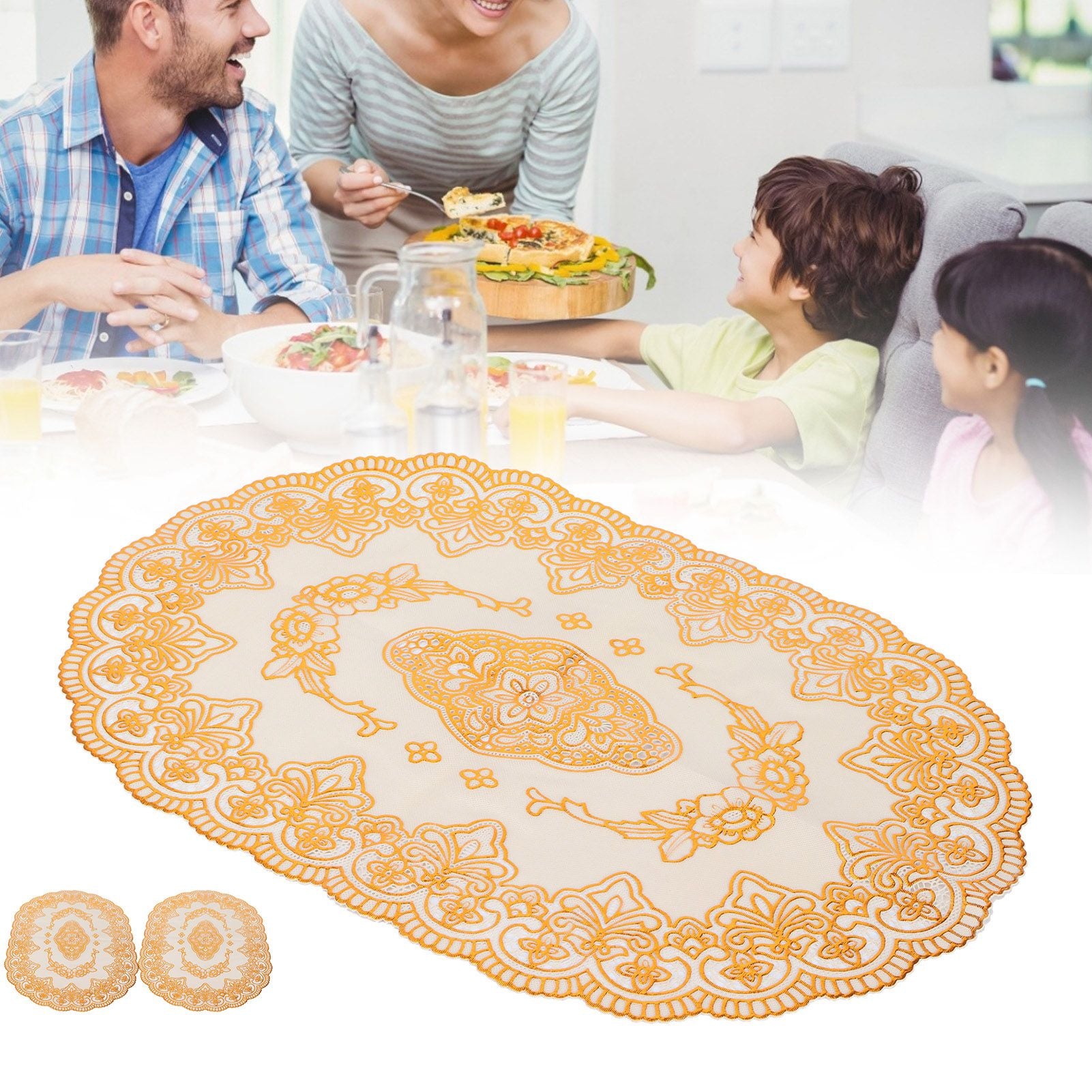 2Pcs PVC Table Mat Gold Placemats Cup Coaster Pad Kitchen Restaurant Wedding DecorationOval 01