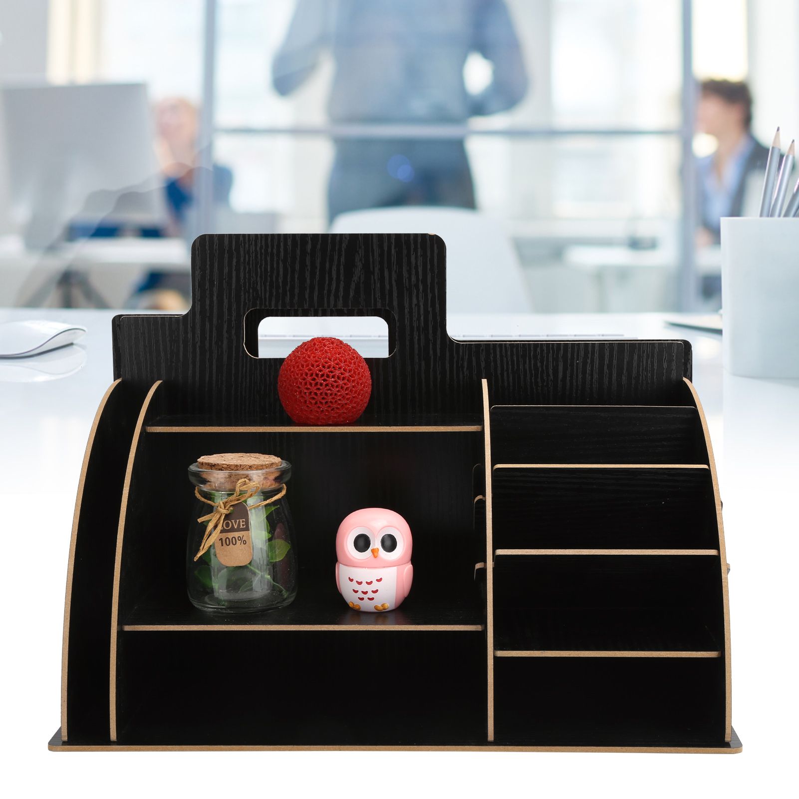 Wood Desktop Organizer Innovative Cosmetics Stationery Storage Rack for Home OfficeBlack