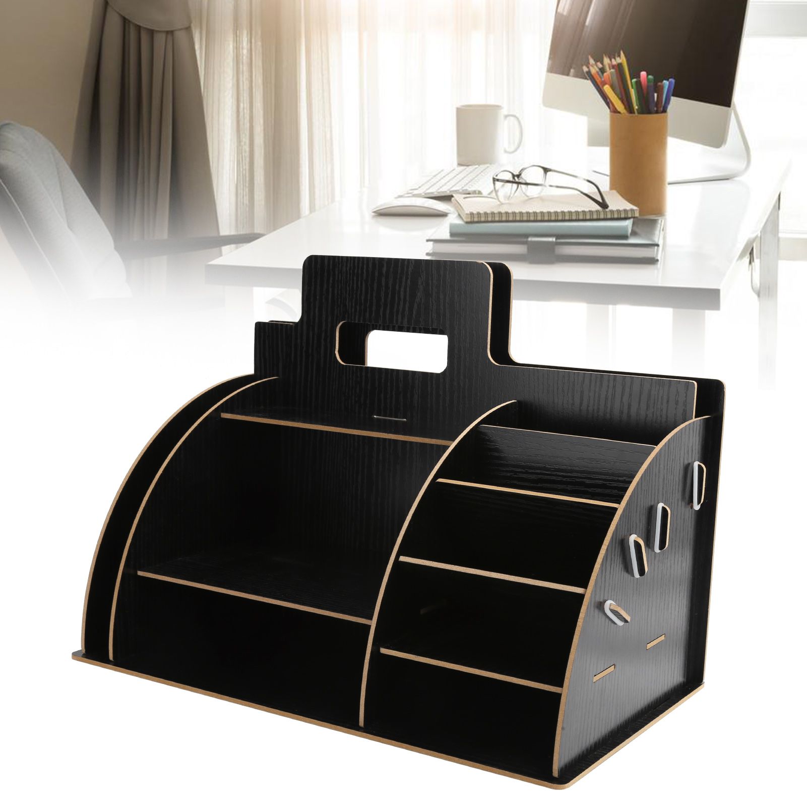 Wood Desktop Organizer Innovative Cosmetics Stationery Storage Rack for Home OfficeBlack