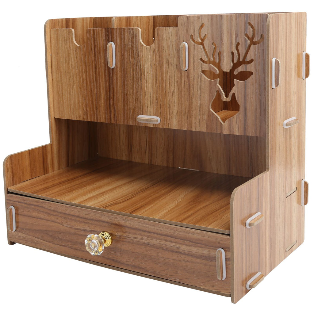 Desktop Organizer Wooden Pen Holder Storage Rack Stationery Supplies for Home OfficeCherry Wood Color