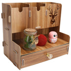 Desktop Organizer Wooden Pen Holder Storage Rack Stationery Supplies for Home OfficeCherry Wood Color