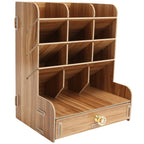 Wood Desktop Bookshelf Multi Function Pen Holder Stationery Box for Home Office Use(Cherry Wood Color )